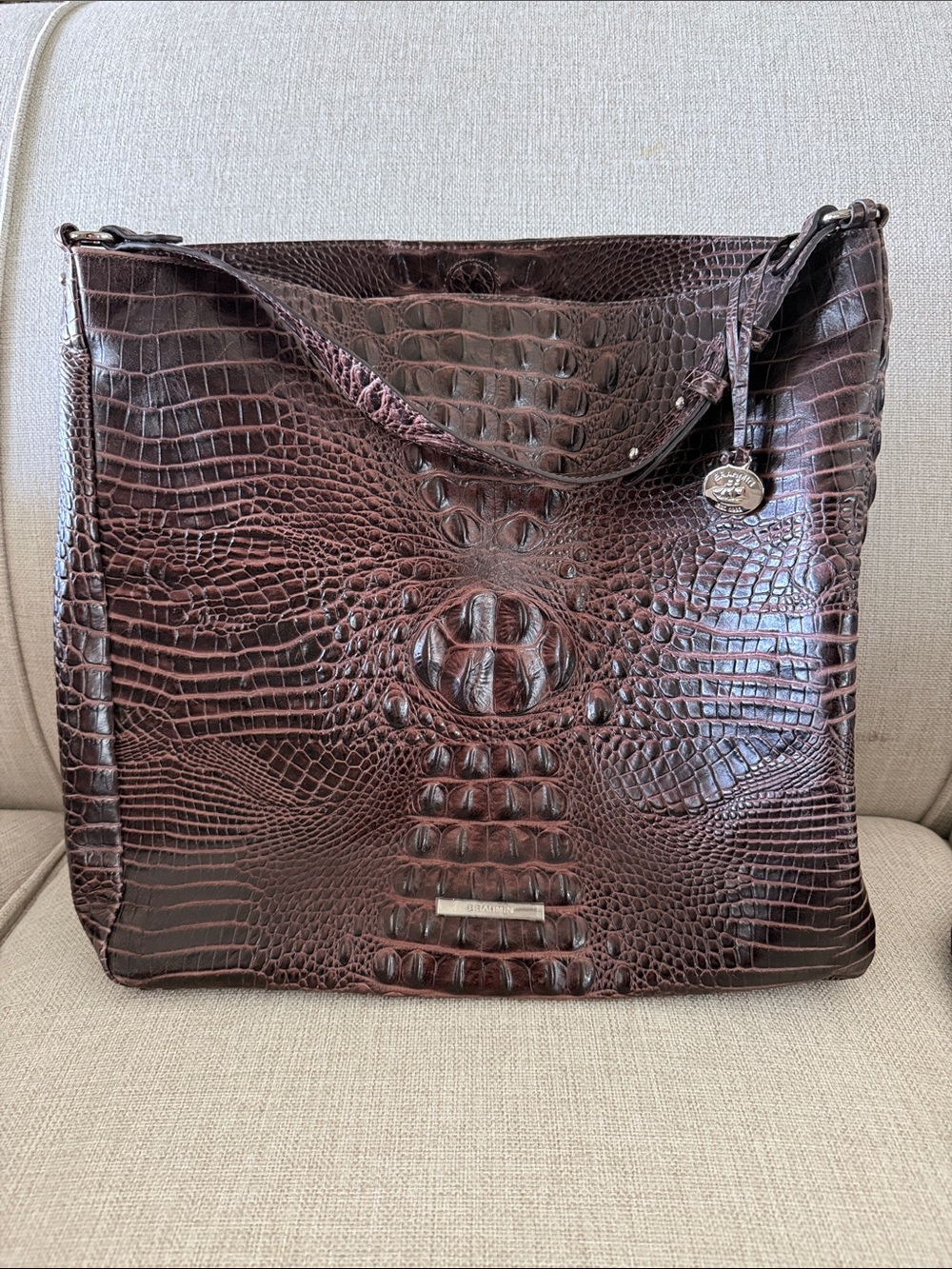 Brahmin Dark Brown Croc-Embossed Leather Shoulder Bag